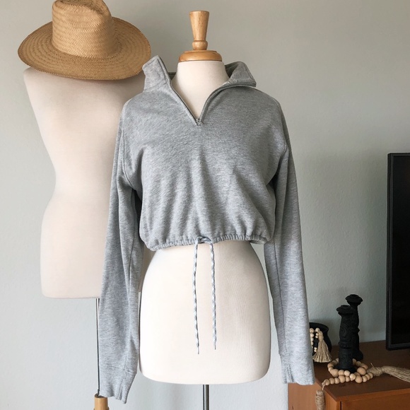 Sweaters - HEATHER GREY CROPPED DRAWSTRING SWEATSHIRT TOP
